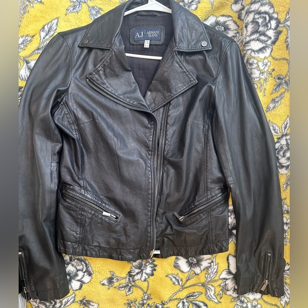 Armani Jeans Black Leather Motorcycle Jacket, Women's Size 6 - Picture 12 of 16